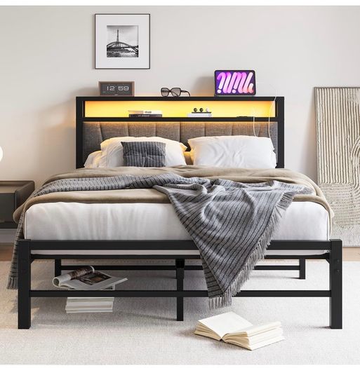 Double Bed Frame with Storage and LED Lights,4ft6 Metal Platform Bed Frame Double Size Bed Base with Charging Station,Mattress Base,Strong Slats Support,Under-bed Storage,Noise Free,Grey