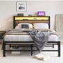 Double Bed Frame with Storage and LED Lights,4ft6 Metal Platform Bed Frame Double Size Bed Base with Charging Station,Mattress Base,Strong Slats Support,Under-bed Storage,Noise Free,Grey Image 6