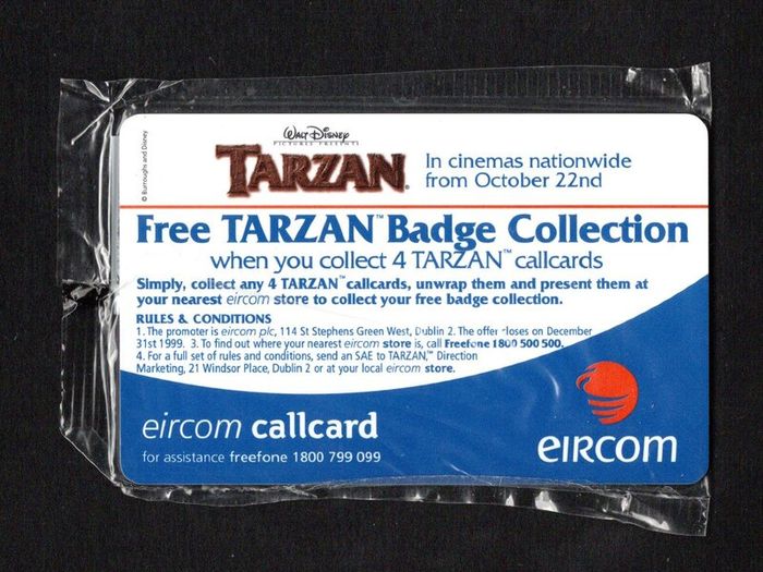 1999 Ireland 10 unit Disney's Tarzan film Private Card (Axalto/Gemalto (Gemplus) AX01) Call Card Mint in packaging. Telecom Eireann card number 1261.
