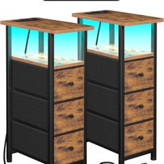 Narrow Bedside Table Set of 2, Slim Side Table for Bedroom Bed Side Table Living Room with Charging Station, Sofa Table with 3 Fabric Drawers, Small Nightstand with LED Lights, Brown