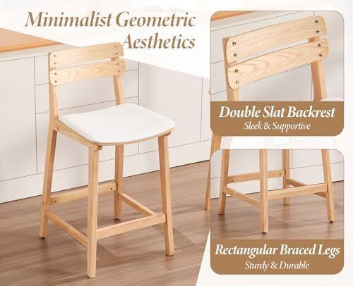 Bar Stools Set of 2 Bar Chairs PU Leather Counter Stools Bistro Stools Made of Wood Kitchen Stools with Backrest for Kitchen Island/Dining Room/Living Room (White)