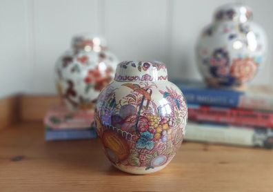 Stunning Rare Masons Ironstone Medium Sized (6.75 inch tall) Lidded Prunus Jar/Ginger Jar in the Fruit Basket Pattern, Plum/Muliticoloured Colourway with the Rare Iridescent Overglaze, Circa 1950, Mint/Cabinet Condition
