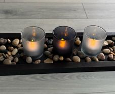 Wooden candle holder with 3 glass candle holders 14 inches by 3 inches and real stone features