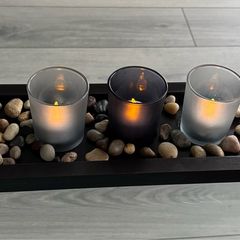 Wooden candle holder with 3 glass candle holders 14 inches by 3 inches and real stone features