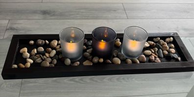 Wooden candle holder with 3 glass candle holders 14 inches by 3 inches and real stone features