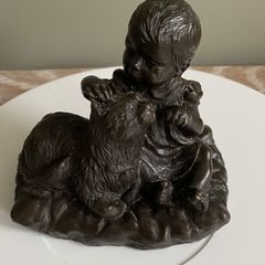 Signed Bronze Sculpture Baby on Pillow with a Cat