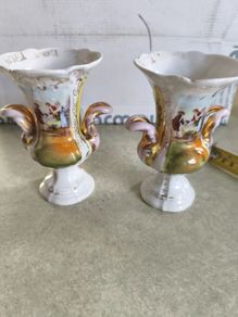 Vintage Victorian White Vases/Urns with Boucher Design Outlined in Gold set of 2