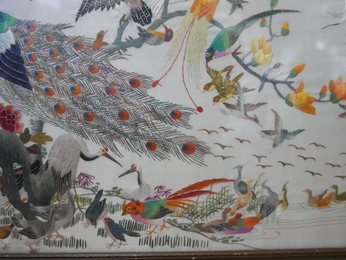Antique Early 20c Chinese Silk Embroidery Birds Panel Framed - 23"x14"