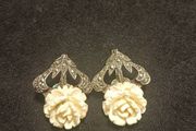 Vintage Germany White Rose Flower Sterling Silver Marcasite Clip Earrings
