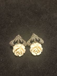Vintage Germany White Rose Flower Sterling Silver Marcasite Clip Earrings