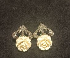 Vintage Germany White Rose Flower Sterling Silver Marcasite Clip Earrings