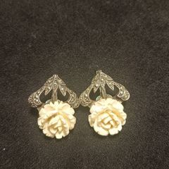 Vintage Germany White Rose Flower Sterling Silver Marcasite Clip Earrings