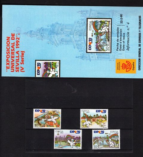 1990 Spain EXPO `92, Sevilla (issue 5) Commemorative Stamps Mint Never Hinged (MNH) with marketing pamphlet
