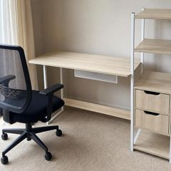office desk with storage and ergonomic chair
