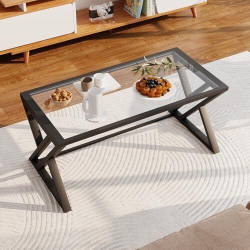 Coffee Table, Living Room Table, Center Tea Tables, Glass Coffee Table, End Sidetable with Black Metal Frame for Living Room Bedroom Office, Modern Open Design, 39 x 19 x 18 IN, Transparent Glass