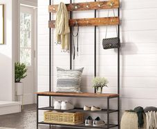 New XXL Metal Hall Tree Coat Rack with Shoe Bench 182 cm