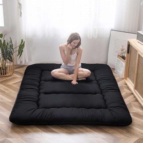 Japanese Floor Futon Mattress, Thicken Tatami Sleeping Pad Foldable Roll Up Dormitory Mat Pad Floor Lounger Pillow Bed (Double,Black)