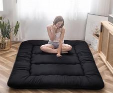 Japanese Floor Futon Mattress, Thicken Tatami Sleeping Pad Foldable Roll Up Dormitory Mat Pad Floor Lounger Pillow Bed (Double,Black)