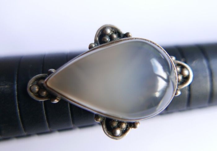 Vintage Agate Gemstone 925 Sterling Silver Jewelry Ring Size P - 7,3g