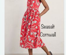 Seasalt Cornwall Shale Way Organic Cotton Red Midi Dress Painted Tulips