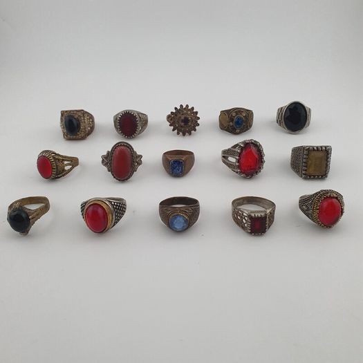 15 Antique Style Brass Rings Mixed Stone & Colourful Glass Accents