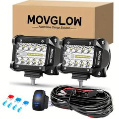 MOVGLOW 2pcs 4-Inch Work Light Set with Switch Wiring Harness 3000+ Lumens DC12-24