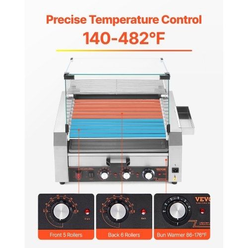 Hot Dog Roller, 30 Hot Dog 11 Rollers, Stainless Steel Sausage Grill Cooker, 2400W Hot Dog Machine with Bun Warmer, Cover, 3 Temp Control, Side Storage Box, Oil Drip Tray, for Home & Commercial