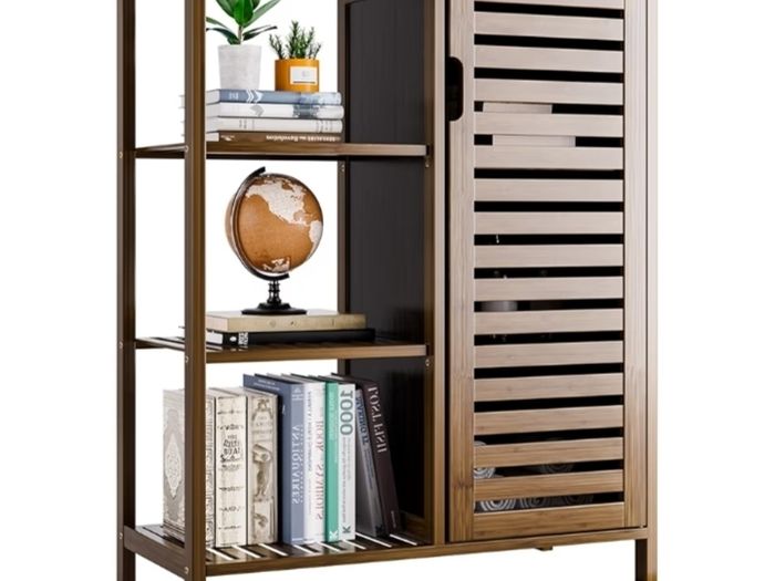 Walnut Bathroom Cabinet, Bamboo Floor Standing Side Storage Organizer with Door and 3 Open Shelves, Space Saving Kitchen Living Room Cupboard