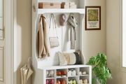 Coat Rack with Shelf &amp; Bench - Shoe Cubbies - Multi Hook Design - White