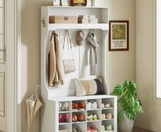 Coat Rack with Shelf & Bench - Shoe Cubbies - Multi Hook Design - White