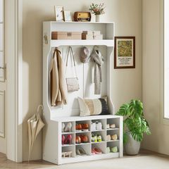 Coat Rack with Shelf & Bench - Shoe Cubbies - Multi Hook Design - White