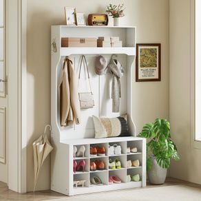 Coat Rack with Shelf & Bench - Shoe Cubbies - Multi Hook Design - White