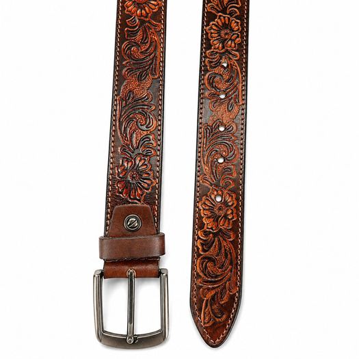 Unisex Genuine Leather Belt Vintage Embossed Design with Antique Buckle Casual & Formal Waist Belt