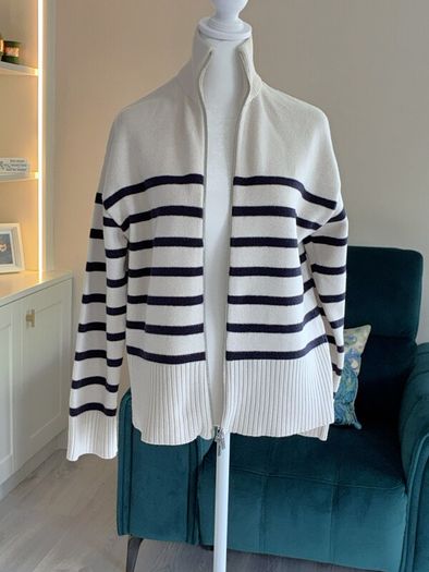 Zara Ladies Beige and Navy Striped Cardigan