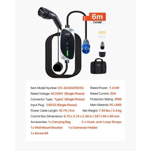 Mobile Wallbox, 7.4 kW 32A, Type 2 Portable EV Charger, Single Phase Electric Vehicle Car Charger with 6 m Charging Cable, CEE Plug, LCD Screen, Adjustable EV Charging Station, IP66 Control Box