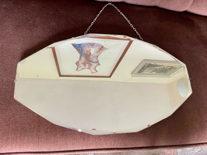 Petite Oval Bevelled Early 20th Century Frameless Mirror with Original Chain