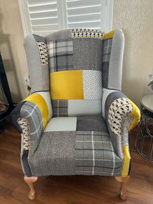 Stunning Queen Anne armchair. Ochre and grey velvet and tweeds with solid oak legs. Collection only Swords area.