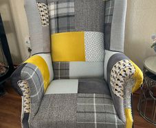 Stunning Queen Anne armchair. Ochre and grey velvet and tweeds with solid oak legs. Collection only Swords area.