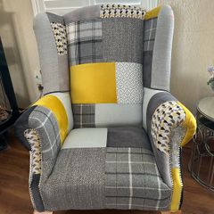Stunning Queen Anne armchair. Ochre and grey velvet and tweeds with solid oak legs. Collection only Swords area.