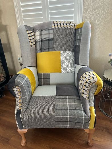 Stunning Queen Anne armchair. Ochre and grey velvet and tweeds with solid oak legs. Collection only Swords area.