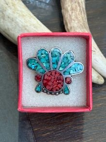 Vintage Beautiful 1980 ZUNI Inlay Coral & Turquoise Sterling Silver Native American Ceremonial Headdress Ring Size small