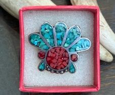 Vintage Beautiful 1980 ZUNI Inlay Coral & Turquoise Sterling Silver Native American Ceremonial Headdress Ring Size small