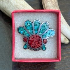 Vintage Beautiful 1980 ZUNI Inlay Coral & Turquoise Sterling Silver Native American Ceremonial Headdress Ring Size small