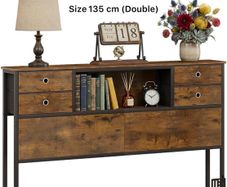 Double Bed Headboard with Storage, Freestanding Headboard with 4 Fabric Drawers & Shelves, Adjustable Bed Frame Connectors, Bedroom Storage Headboard