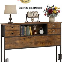 Double Bed Headboard with Storage, Freestanding Headboard with 4 Fabric Drawers & Shelves, Adjustable Bed Frame Connectors, Bedroom Storage Headboard