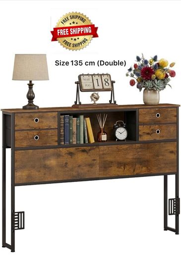 Double Bed Headboard with Storage, Freestanding Headboard with 4 Fabric Drawers & Shelves, Adjustable Bed Frame Connectors, Bedroom Storage Headboard