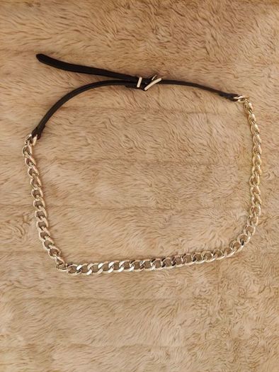 Vintage 90's Womens In Wear Italian Black Leather Silver tone Chain Belt Size L 32"