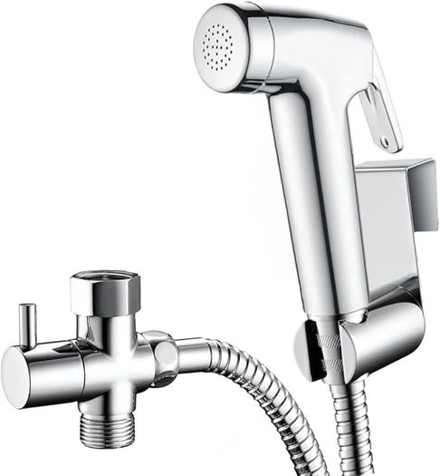 Handheld Bidet Sprayer Kits for UK Toilet Douche_ Shattaf Bidets with Bidet Hose, Spray Holder and T-Adapter  Glossy Silver