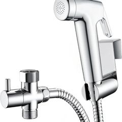 Handheld Bidet Sprayer Kits for UK Toilet Douche_ Shattaf Bidets with Bidet Hose, Spray Holder and T-Adapter  Glossy Silver