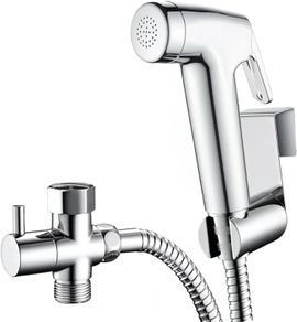 Handheld Bidet Sprayer Kits for UK Toilet Douche_ Shattaf Bidets with Bidet Hose, Spray Holder and T-Adapter  Glossy Silver